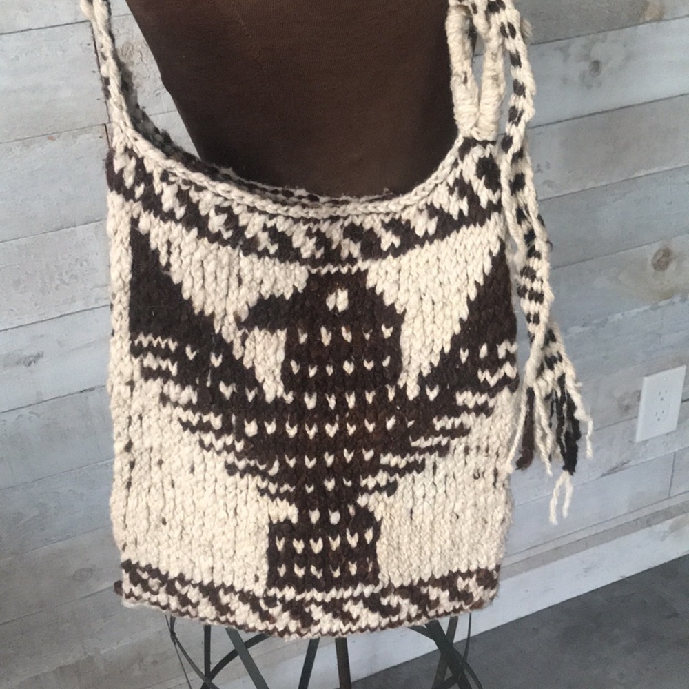 Handcrafted Boho Brown and Cream Knit Thunderbird Shoulder Bag - Picture 3 of 6